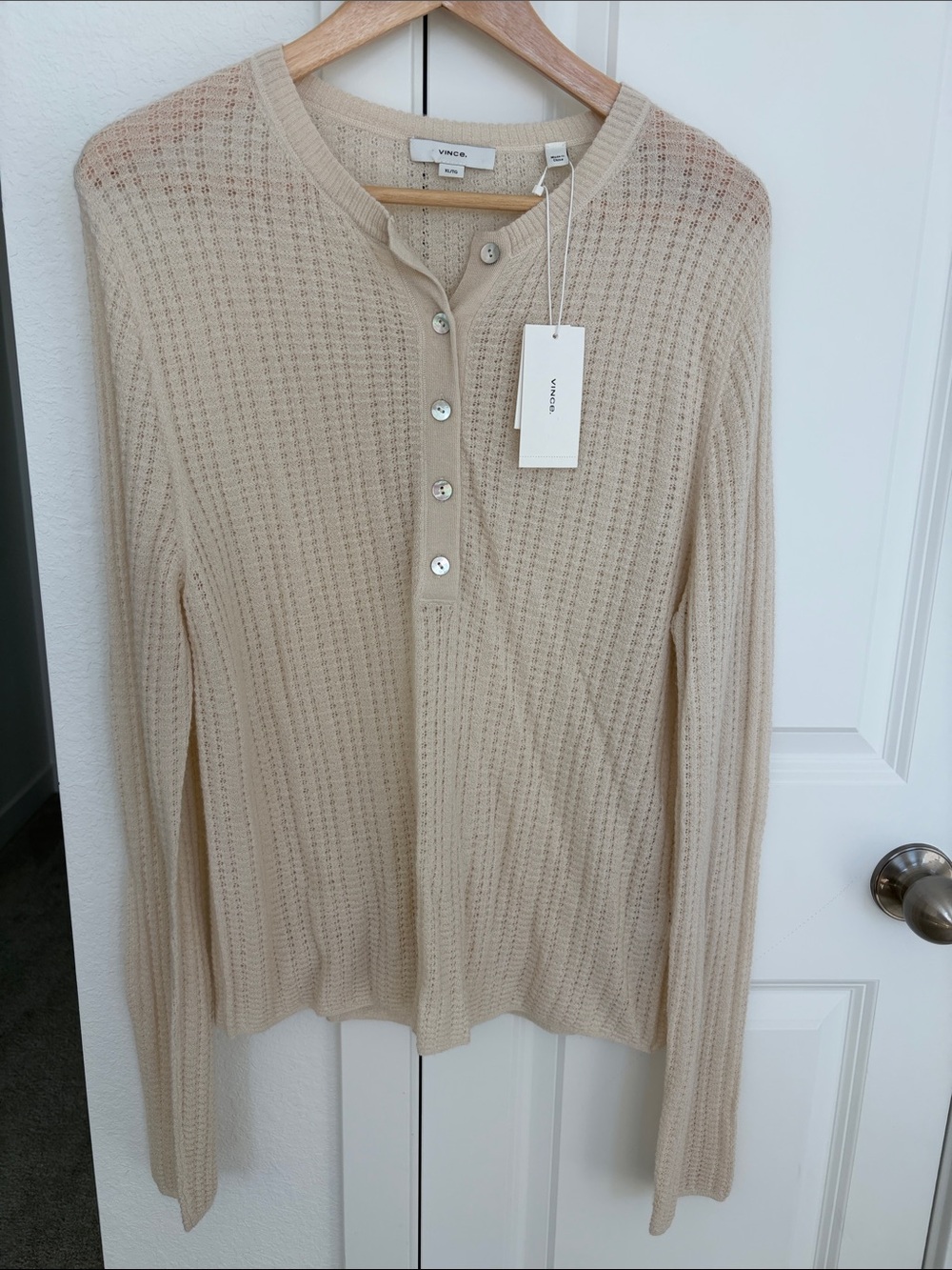New Vince Beige Knit Henley Top with Button Placket